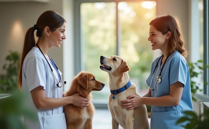 Veterinarians greeting pets and owners