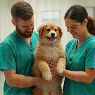 Clinic staff comforting pets