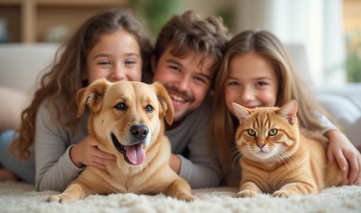 A smiling family with a healthy dog and cat