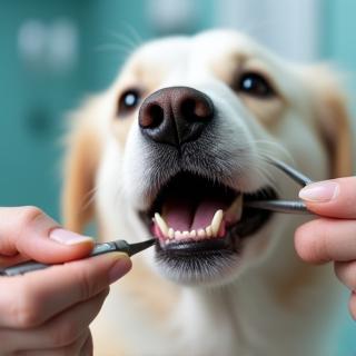 Vet cleaning dog’s teeth