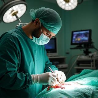 Vet in surgical gown operating on a pet