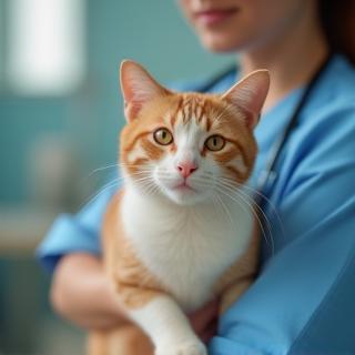 Nurse holding cat for a wellness check